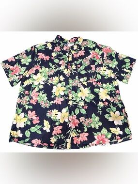 Old Navy Navy Floral Button-Up Shirt with Pink, Yellow & Green Print